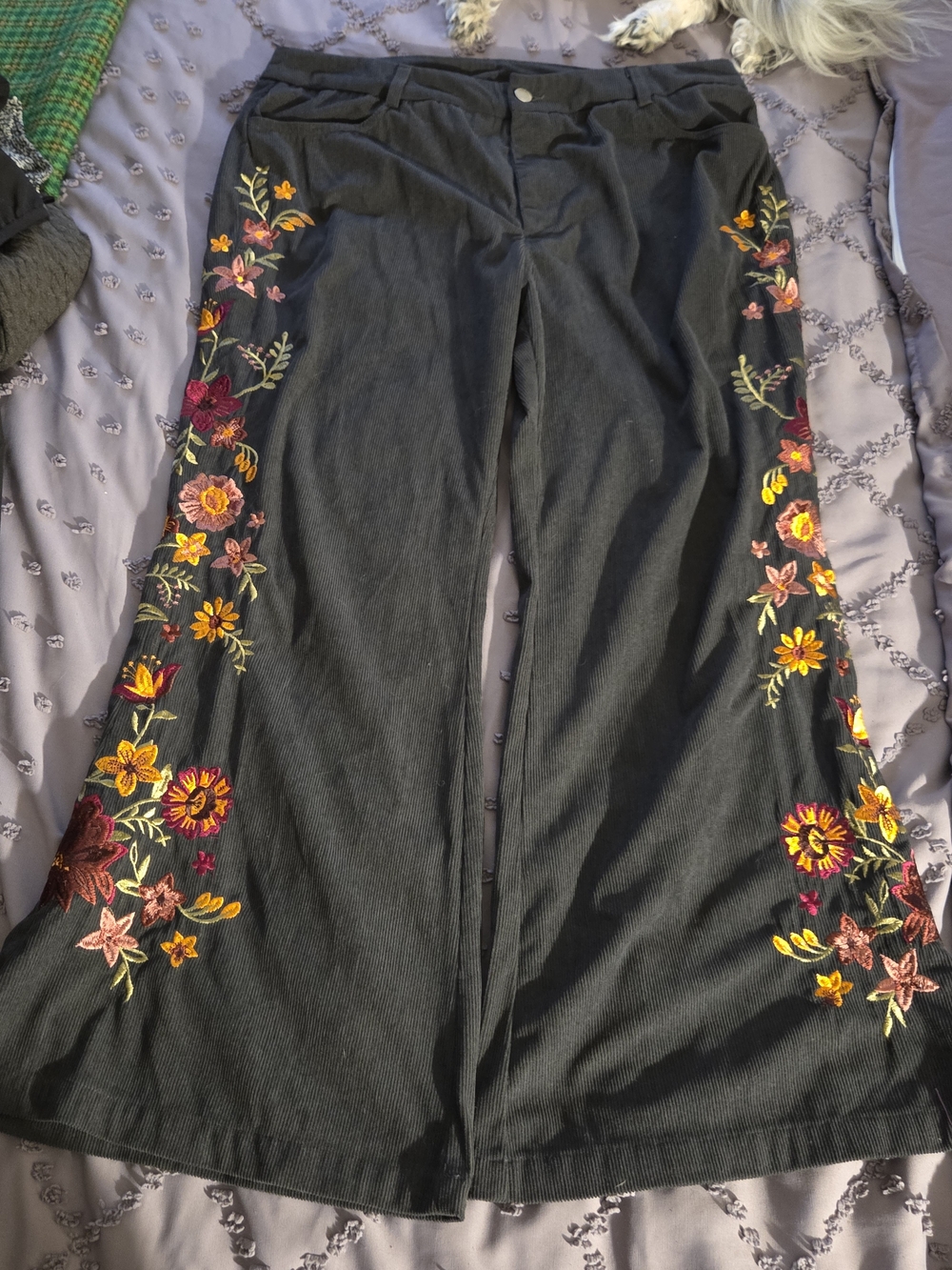 Women's Black Wide-Leg Corduroy Pants with Multicolor Floral Embroidery